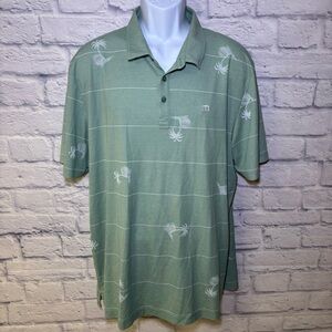 Travis Mathew Polo Shirt Mens XXL Green Tropical Print Striped Golf Short Sleeve